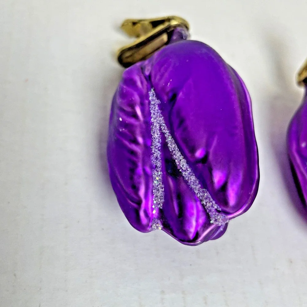 VTG. 2 Clip On Purple Roses with Glitter Blown Glass Ornaments Made in Germany